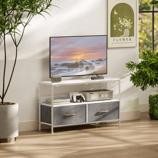 HOMCOM Móvel de TV com Prateleira e 2 Gavetas de Tecido Dobráveis para Televisores até 47 Polegadas para Sala Quarto 98x29x56 cm Branco e Cinza