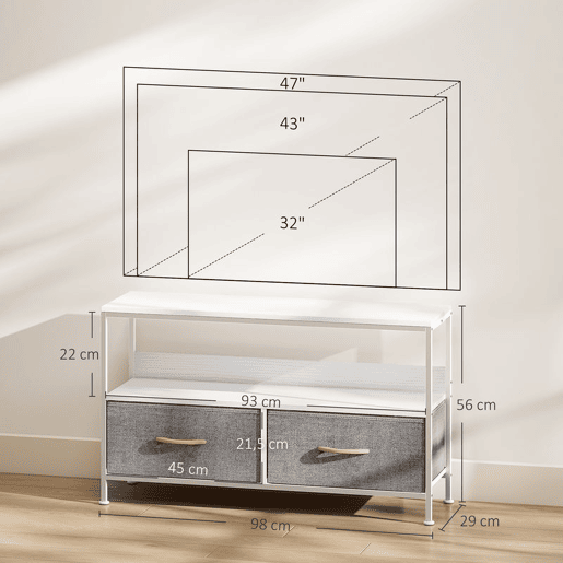 HOMCOM Móvel de TV com Prateleira e 2 Gavetas de Tecido Dobráveis para Televisores até 47 Polegadas para Sala Quarto 98x29x56 cm Branco e Cinza