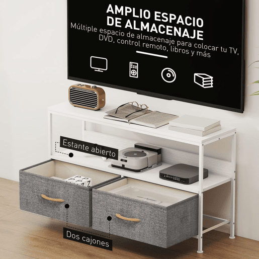 HOMCOM Móvel de TV com Prateleira e 2 Gavetas de Tecido Dobráveis para Televisores até 47 Polegadas para Sala Quarto 98x29x56 cm Branco e Cinza