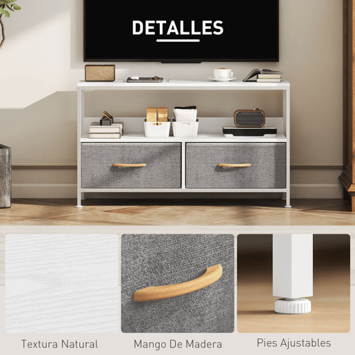 HOMCOM Móvel de TV com Prateleira e 2 Gavetas de Tecido Dobráveis para Televisores até 47 Polegadas para Sala Quarto 98x29x56 cm Branco e Cinza