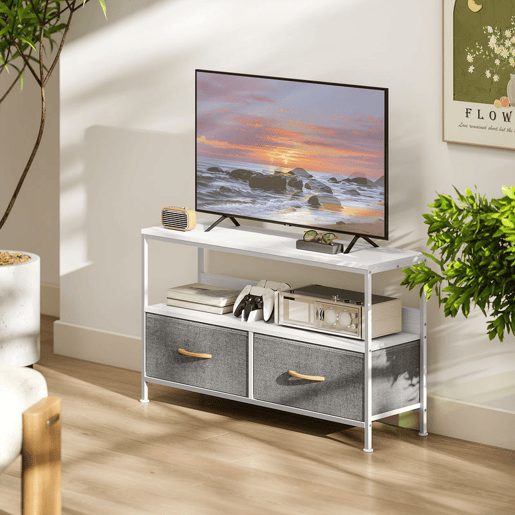 HOMCOM Móvel de TV com Prateleira e 2 Gavetas de Tecido Dobráveis para Televisores até 47 Polegadas para Sala Quarto 98x29x56 cm Branco e Cinza