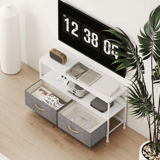 HOMCOM Móvel de TV com Prateleira e 2 Gavetas de Tecido Dobráveis para Televisores até 47 Polegadas para Sala Quarto 98x29x56 cm Branco e Cinza