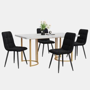 Conjunto de sala de jantar 140x80cm - Mesa de cozinha com 4 cadeiras, pernas metálicas douradas, MDF branco, cadeiras de veludo preto