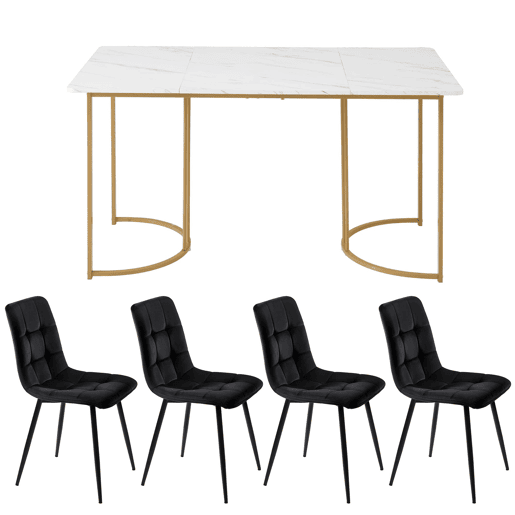 Conjunto de sala de jantar 140x80cm - Mesa de cozinha com 4 cadeiras, pernas metálicas douradas, MDF branco, cadeiras de veludo preto