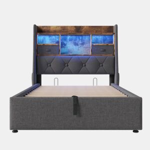 Cama hidráulica 90x200 cm - Com arrumação, cabeceira LED, 4 portas USBType-C - Cinza