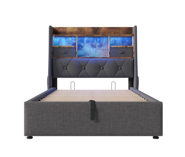 Cama hidráulica 90x200 cm - con almacenamiento, cabecero led, 4 estaciones carga usb/type-c - gris