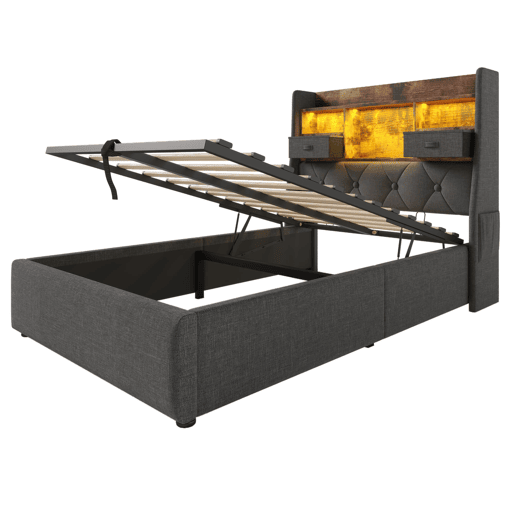 Cama hidráulica 90x200 cm - Com arrumação, cabeceira LED, 4 portas USBType-C - Cinza