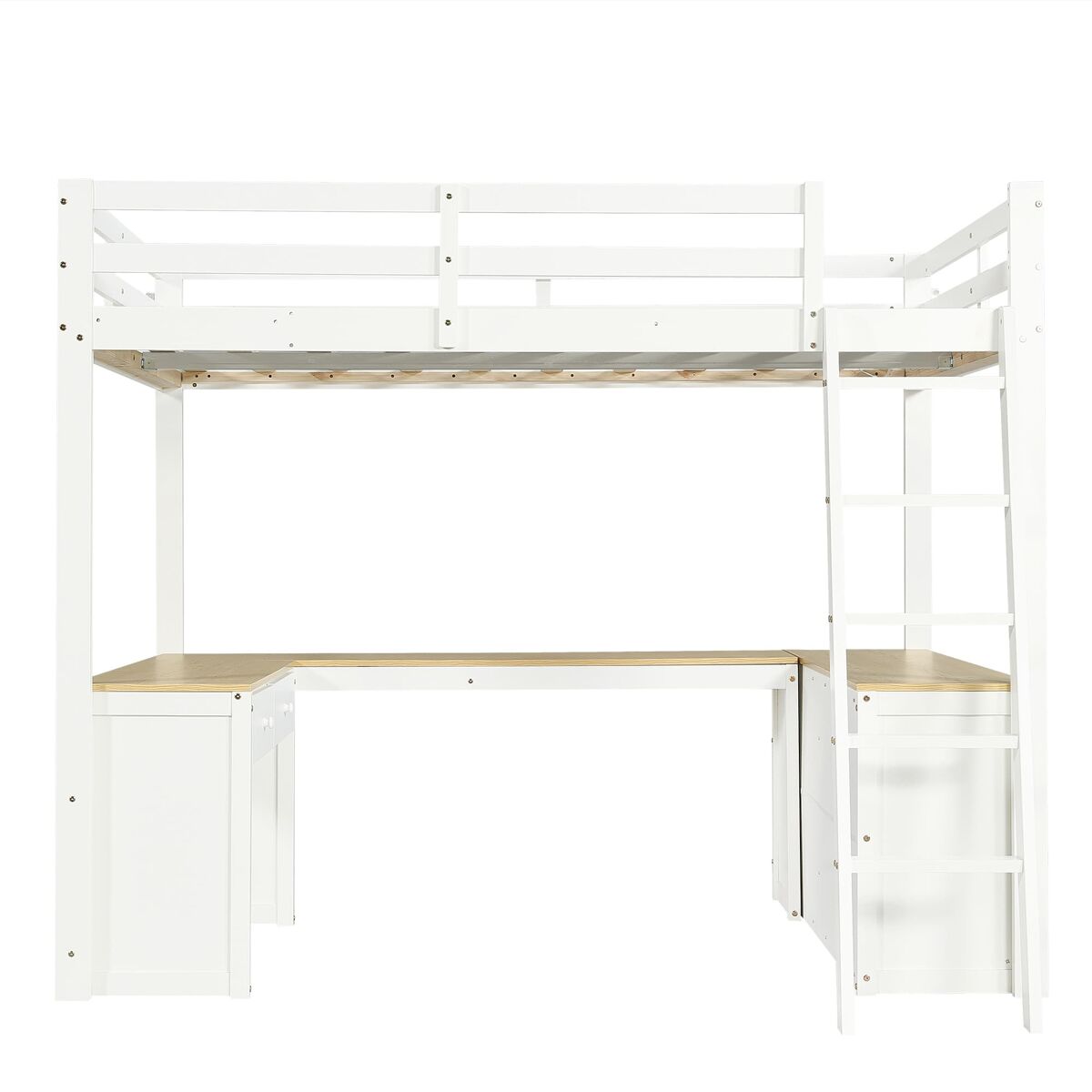 Cama loft 140x200 cm - mesa en u con dos cajones y estante - blanco+natural