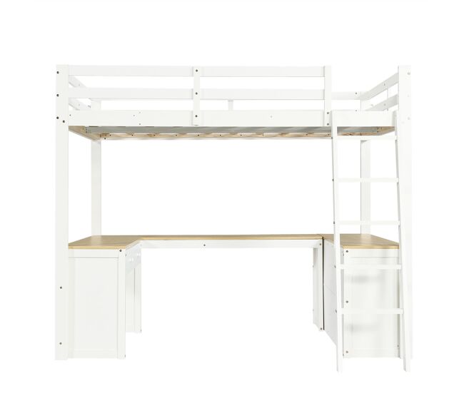 Cama loft 140x200 cm - mesa en u con dos cajones y estante - blanco+natural