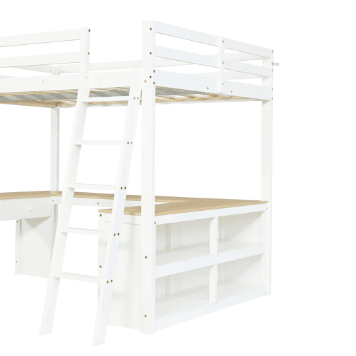 Cama loft 140x200 cm - Mesa em U com duas gavetas e prateleira - Branco+Natural