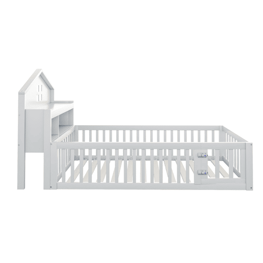 Cama infantil 90x200 - Estrutura em madeira maciça, grade, com prateleiras e espaço de arrumação, com grelha e porta, branca