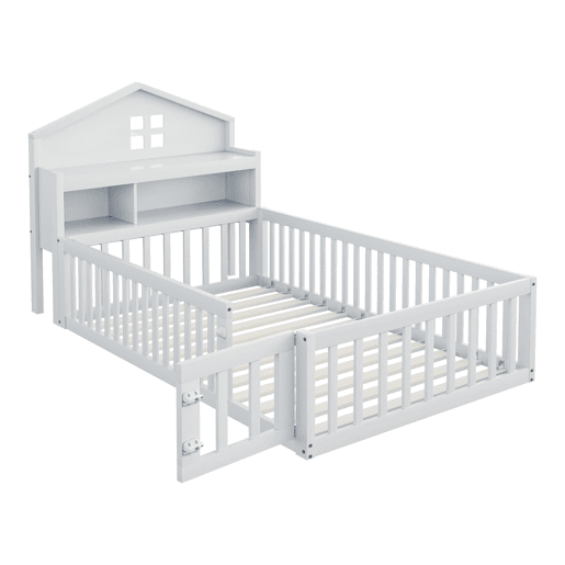 Cama infantil 90x200 - Estrutura em madeira maciça, grade, com prateleiras e espaço de arrumação, com grelha e porta, branca