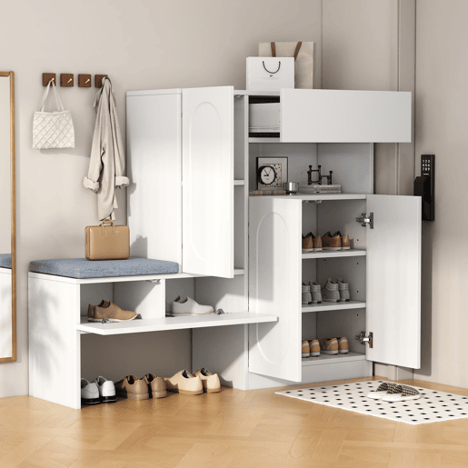 Sapateira 130x35x110 cm - 2 em 1 com portas curvas, Soft-Close, prateleiras ajustáveis, assento almofadado - Branco
