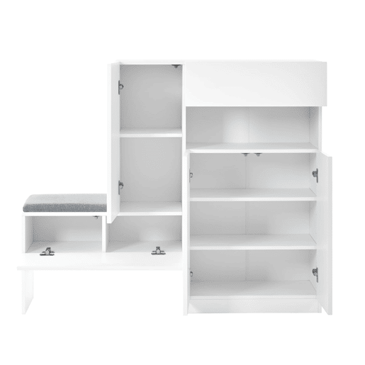 Sapateira 130x35x110 cm - 2 em 1 com portas curvas, Soft-Close, prateleiras ajustáveis, assento almofadado - Branco