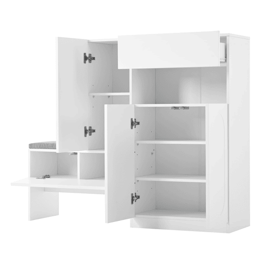 Sapateira 130x35x110 cm - 2 em 1 com portas curvas, Soft-Close, prateleiras ajustáveis, assento almofadado - Branco