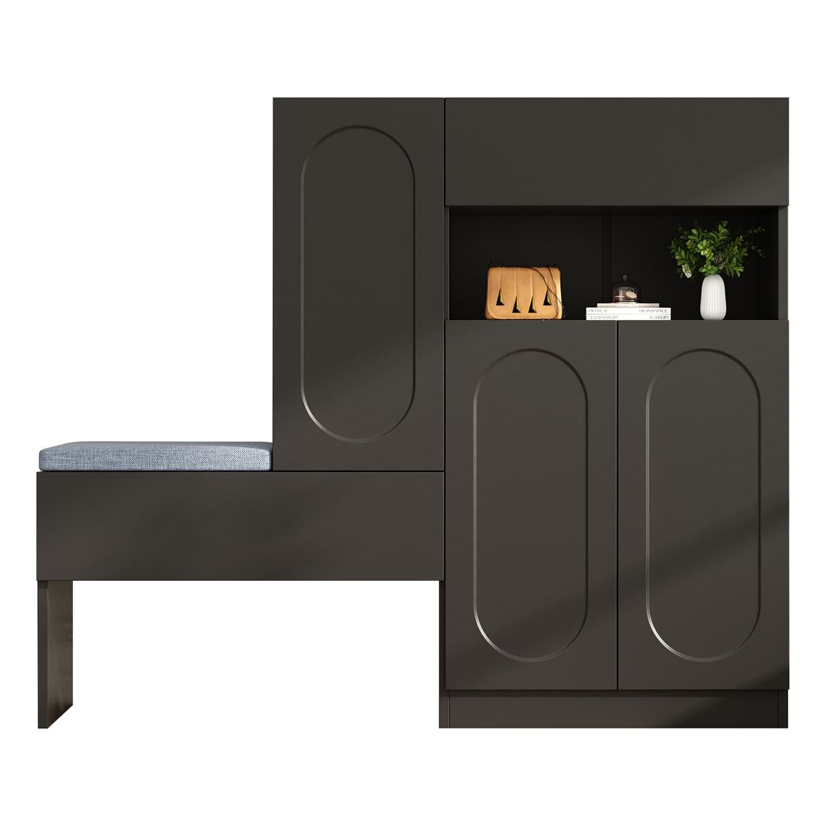 Zapatero 130x35x110 cm - 2 en 1, puertas curvadas, con sistema soft-close, estantes ajustables y banco acolchado - negro
