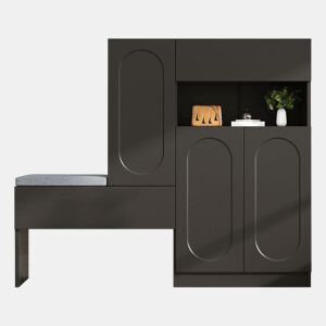 Sapateira 130x35x110 cm - 2 em 1, portas curvas, com sistema Soft-Close, prateleiras ajustáveis e banco acolchoado - Preto