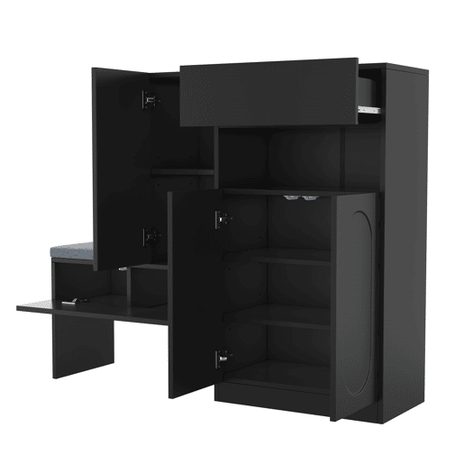 Sapateira 130x35x110 cm - 2 em 1, portas curvas, com sistema Soft-Close, prateleiras ajustáveis e banco acolchoado - Preto