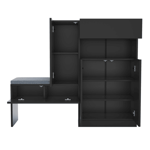 Sapateira 130x35x110 cm - 2 em 1, portas curvas, com sistema Soft-Close, prateleiras ajustáveis e banco acolchoado - Preto