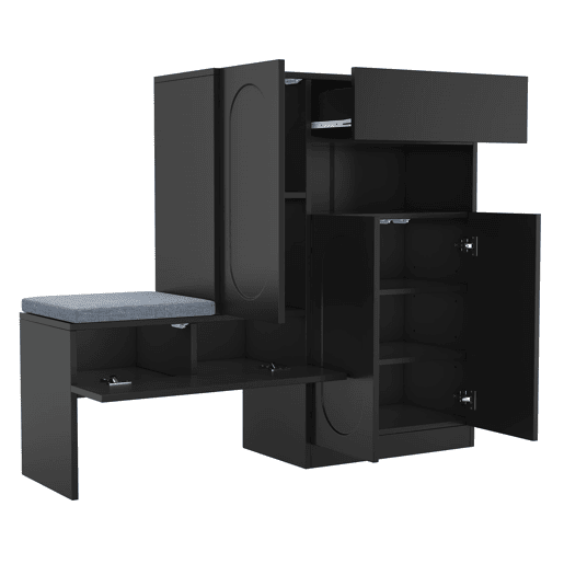 Sapateira 130x35x110 cm - 2 em 1, portas curvas, com sistema Soft-Close, prateleiras ajustáveis e banco acolchoado - Preto