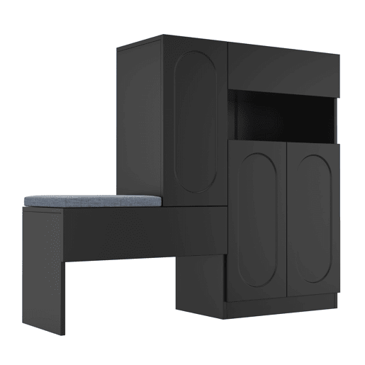 Sapateira 130x35x110 cm - 2 em 1, portas curvas, com sistema Soft-Close, prateleiras ajustáveis e banco acolchoado - Preto