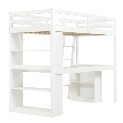 Cama loft 90x200 cm - Prateleira prática, grade de segurança, escada estável, branca