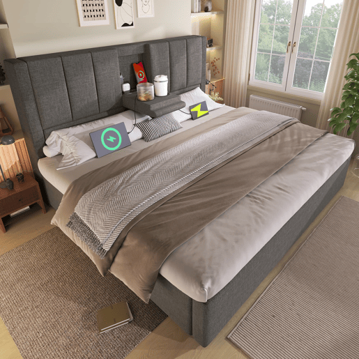 Cama estofada 180x200 cm - Com suporte para copo e estação de carregamento - Cinza