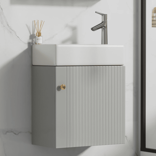Móvel de casa de banho com lavatório 46 cm - Coluna suspensa, pequena, cinzenta e branca