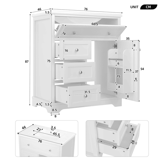 Móvel de casa de banho 76x46x87 cm - Com lavatório, acabamento resistente à humidade, sistema de fecho suave, branco