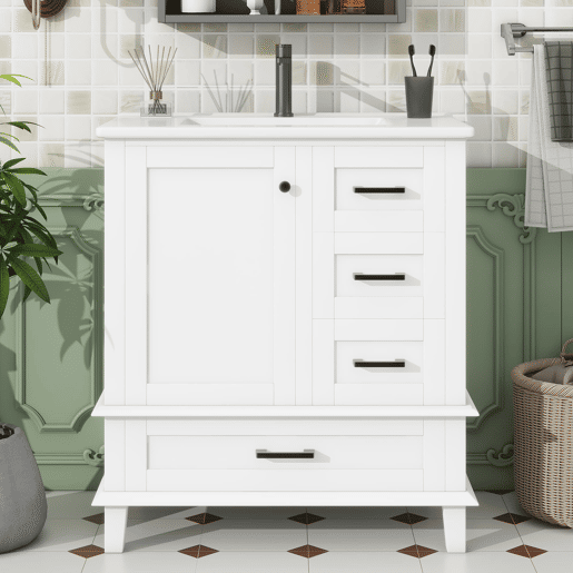 Armário de casa de banho 76x46x83,5 cm - Com lavatório, 3 gavetas silenciosas, prateleira na porta - Branco