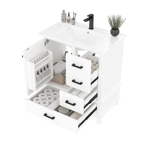 Armário de casa de banho 76x46x83,5 cm - Com lavatório, 3 gavetas silenciosas, prateleira na porta - Branco