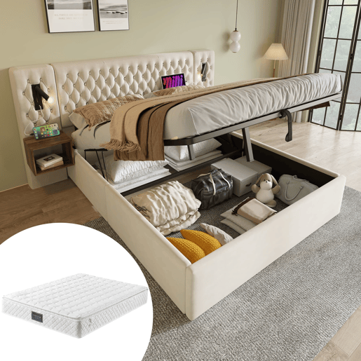 Cama Polsterbett 160x200 - Cama com arrumação hidráulica, 2 mesas de cabeceira, luz LED, bege