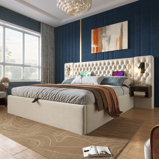 Cama Polsterbett 160x200 - Cama com arrumação hidráulica, 2 mesas de cabeceira, luz LED, bege