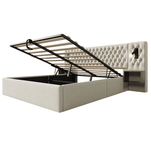 Cama Polsterbett 160x200 - Cama com arrumação hidráulica, 2 mesas de cabeceira, luz LED, bege