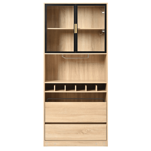 Armário de casa de banho 180 cm - Vitrine com portas de vidro e iluminação - Natural