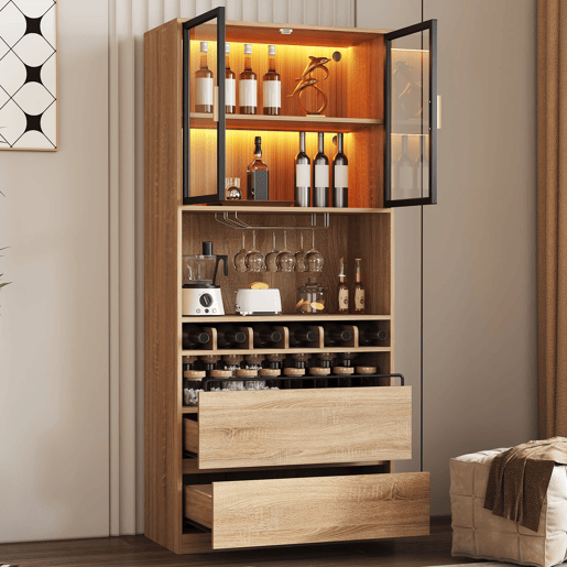 Armário de casa de banho 180 cm - Vitrine com portas de vidro e iluminação - Natural