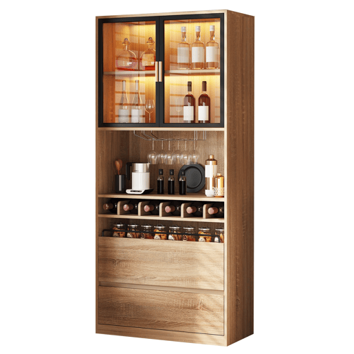 Armário de casa de banho 180 cm - Vitrine com portas de vidro e iluminação - Natural