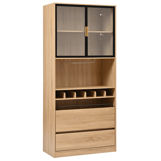 Armário de casa de banho 180 cm - Vitrine com portas de vidro e iluminação - Natural