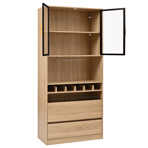 Armário de casa de banho 180 cm - Vitrine com portas de vidro e iluminação - Natural