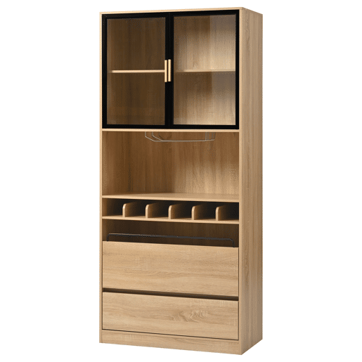 Armário de casa de banho 180 cm - Vitrine com portas de vidro e iluminação - Natural