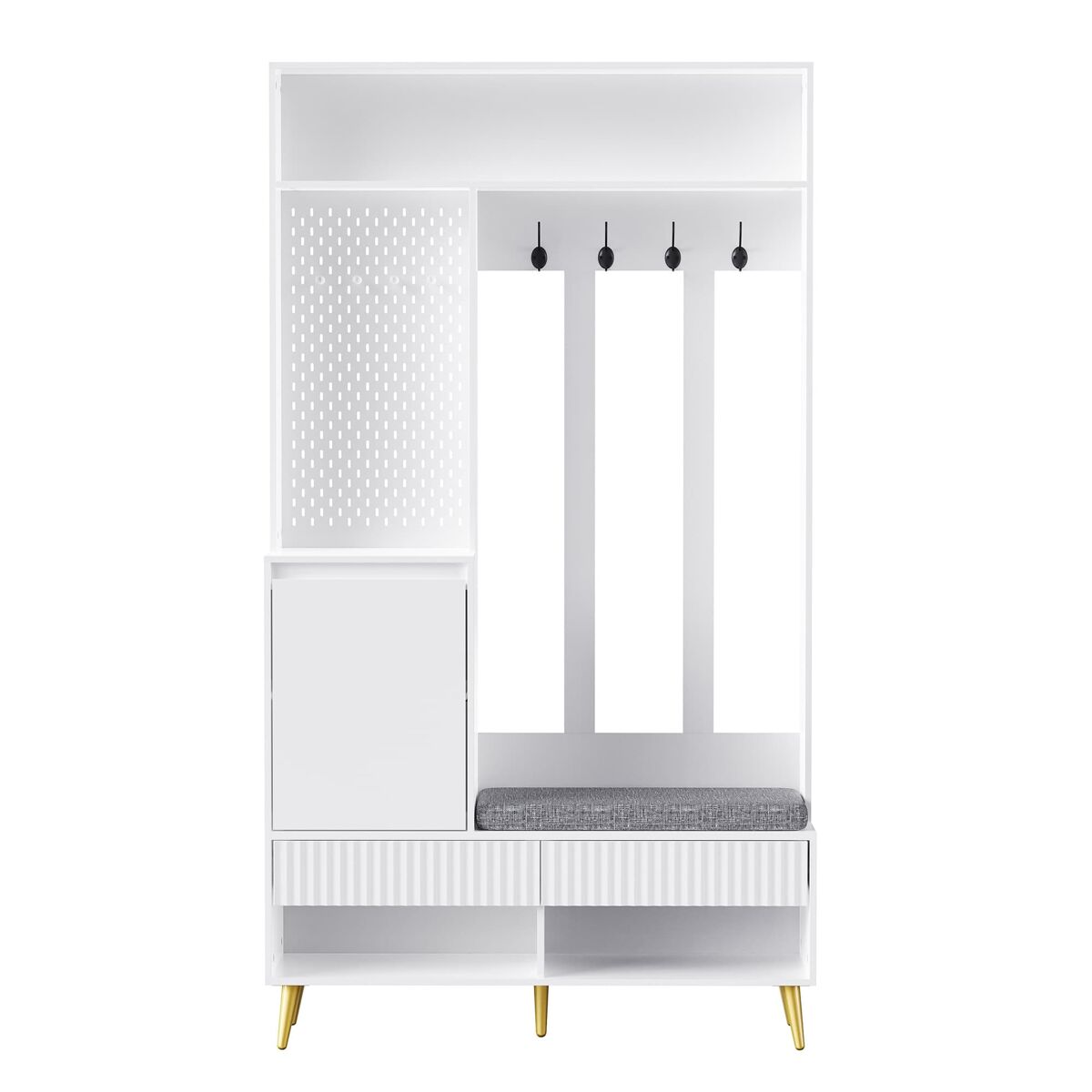Conjunto de armario de pared 100x35x180 cm - 4 ganchos, 2 cajones, 1 puerta, banco, blanco