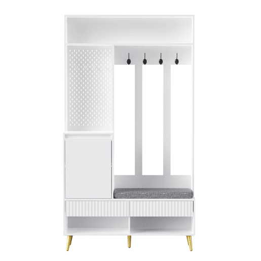 Conjunto de armário de parede 100x35x180 cm - 4 ganchos, 2 gavetas, 1 porta, banco, branco