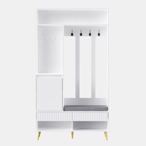 Conjunto de armário de parede 100x35x180 cm - 4 ganchos, 2 gavetas, 1 porta, banco, branco