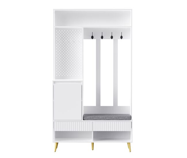 Conjunto de armario de pared 100x35x180 cm - 4 ganchos, 2 cajones, 1 puerta, banco, blanco