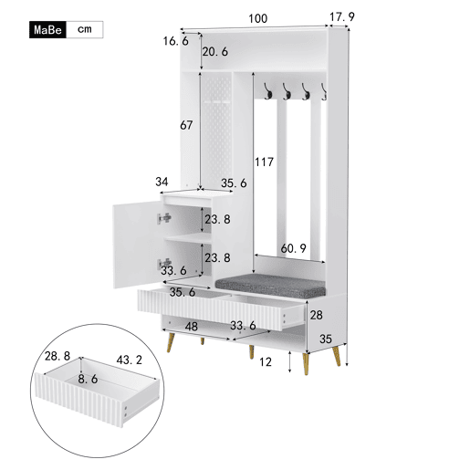 Conjunto de armário de parede 100x35x180 cm - 4 ganchos, 2 gavetas, 1 porta, banco, branco