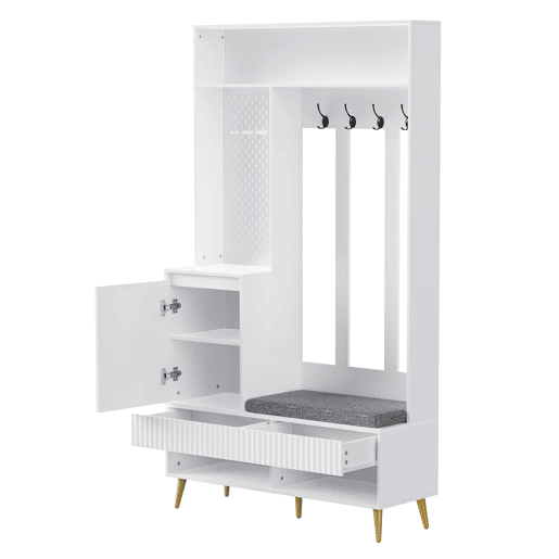 Conjunto de armário de parede 100x35x180 cm - 4 ganchos, 2 gavetas, 1 porta, banco, branco