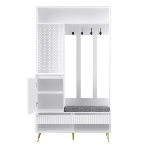 Conjunto de armário de parede 100x35x180 cm - 4 ganchos, 2 gavetas, 1 porta, banco, branco