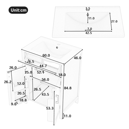 Armário de casa de banho 60x46x84,8 cm - Porta dupla, prateleiras ajustáveis, lavatório cerâmico - Branco