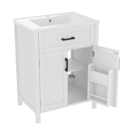 Armário de casa de banho 60x46x84,8 cm - Porta dupla, prateleiras ajustáveis, lavatório cerâmico - Branco