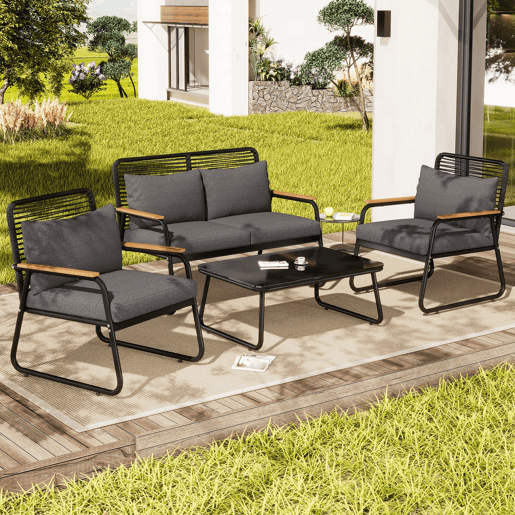 Conjunto de lounge de jardim para 4 pessoas - Estrutura metálica, mesa de vidro temperado, almofadas incluídas - Preto